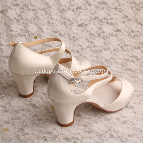Block Heel Shoes Women for Summer Off white Satin
